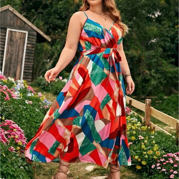 Boho Bohemian Plus Size Geo Abstract PatchWork Print Halter Ruffle Maxi Dress - Picture 3 of 6